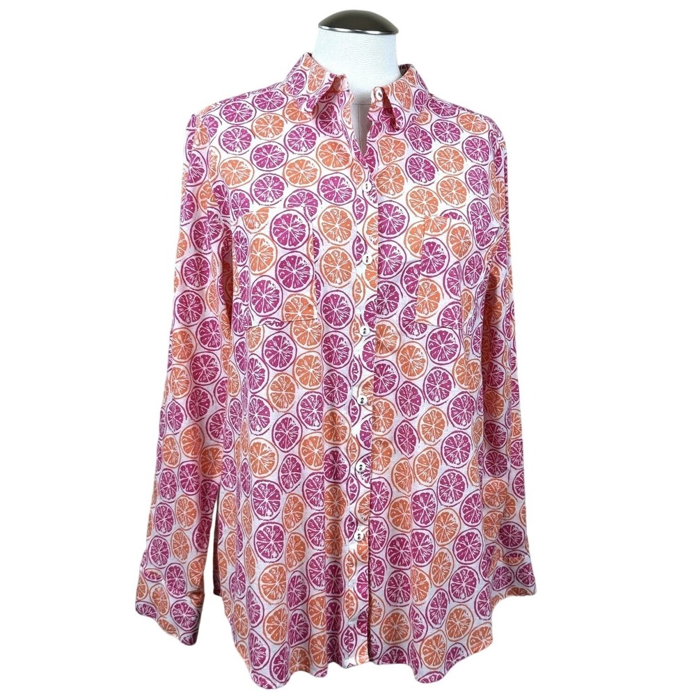 Foxcroft NYC Womens 14 Relaxed Pink Orange Citrus Fruit Print Cotton Shirt Top